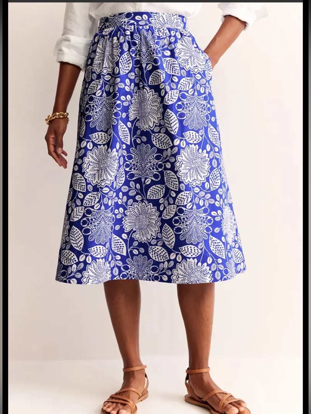 Boden Blue & White Floral A-Line Midi Skirt